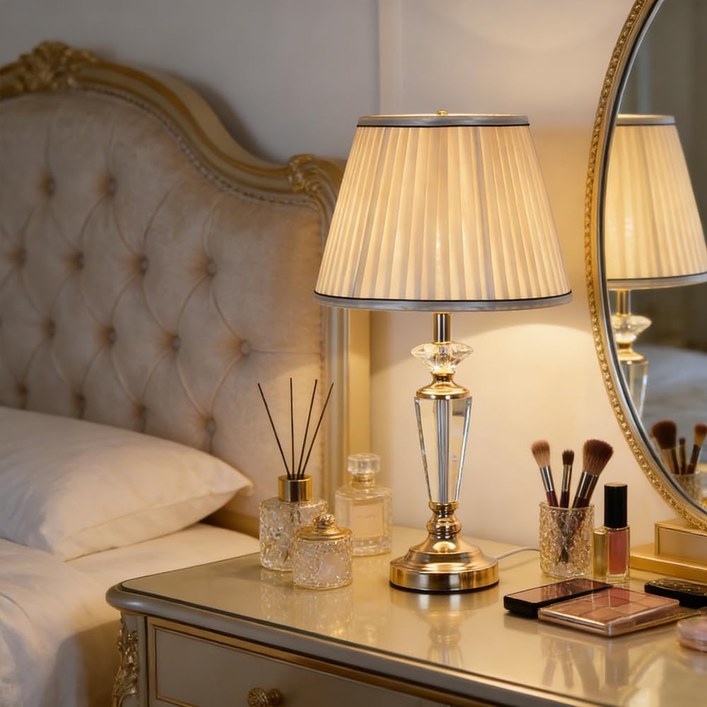 Lampara de noche, lampara de mesita de noche, E27 lampara para mesa con cristales y pantalla dorado, Lámpara De Escritorio redondo pantalla creativo dormitorio Sala De Estar Hotel estudio oficina