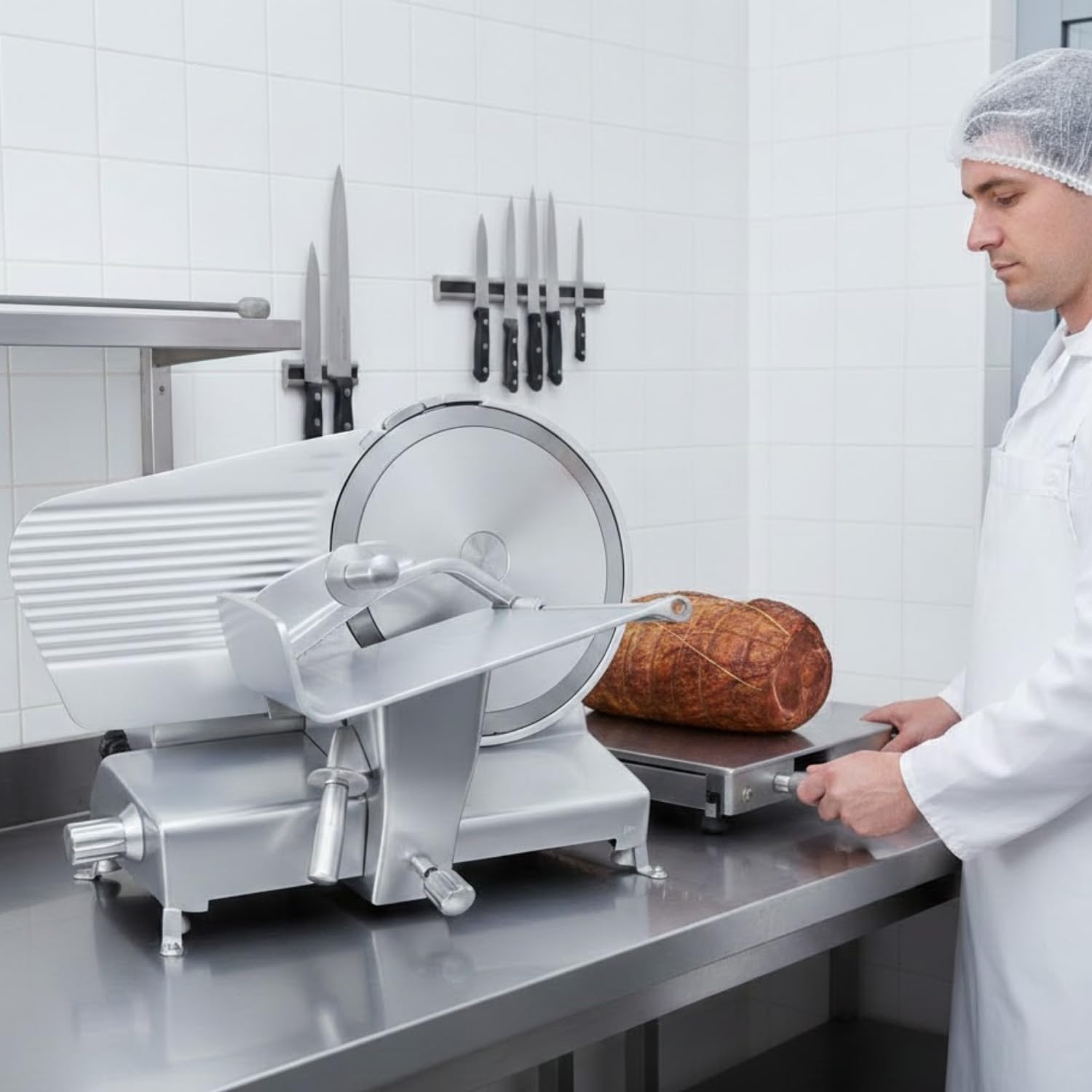 Affettatrice professionale per macelleria, 350 mm, semi-automatica, taglio 0,2 – 30 mm, 400 W, 230 V, uso intensivo