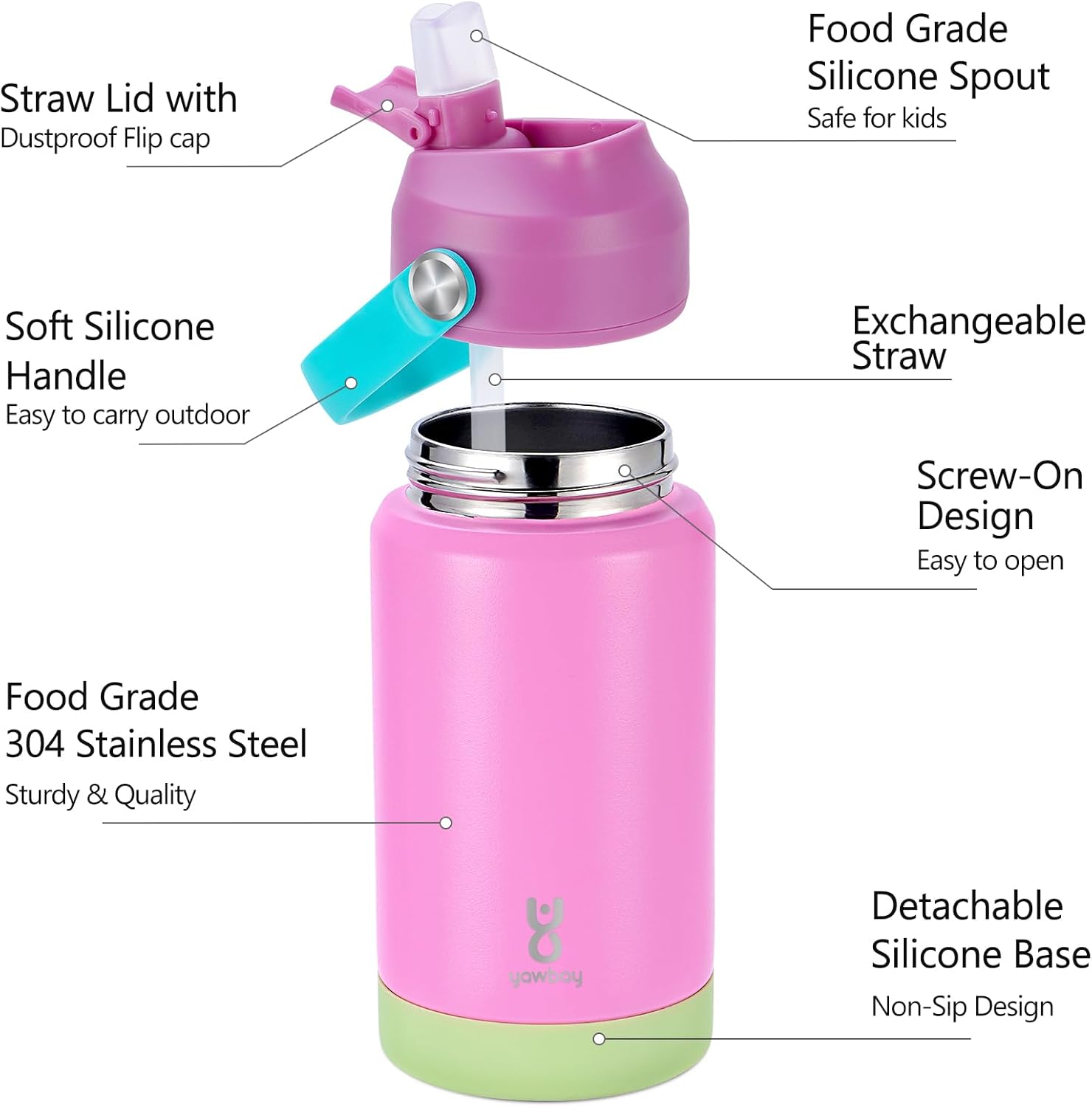 Kids Insulated Water Bottle with Straw Lid & Silicone Handle,12oz Kids Leak Proof Water Bottle for School Boys Girls,Double Wall Vacuum Stainless Steel with Non-slip Silicone Base(Pink) - Image 5