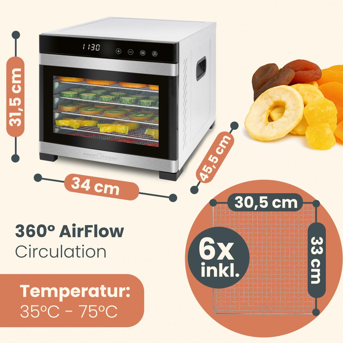 Proficook PC-DR1218 Deshidratador de Alimentos, 6 Bandejas Acero Inoxidable, Temperatura Ajustable 35-75°C, Temporizador 30 min - 24 h, Seca Frutas, Verduras, Carne, Hierbas