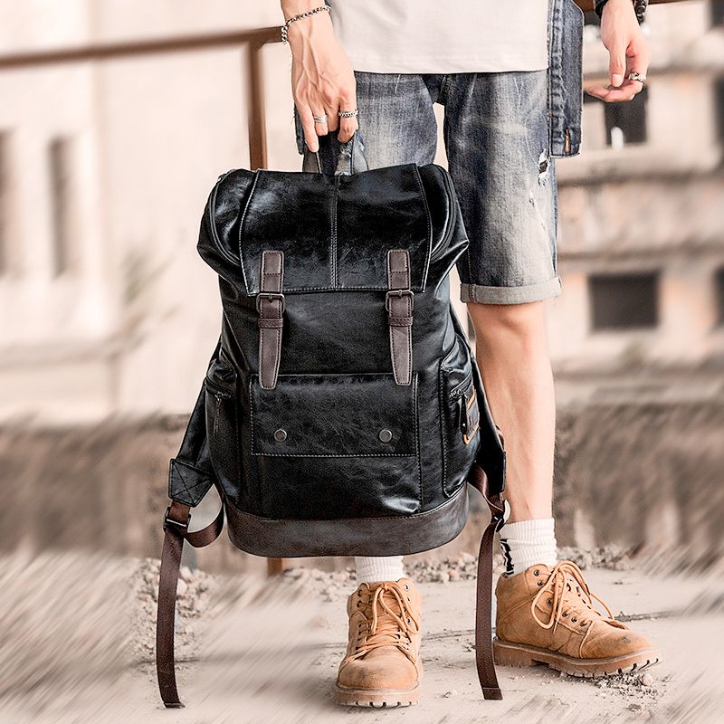 CHAO RAN Leather Laptop Backpack for Men, Vintage Black Work Knapsack Large Travel Waterproof Bags 16inch Laptop For Commute Casual Business(Black) : Electronics