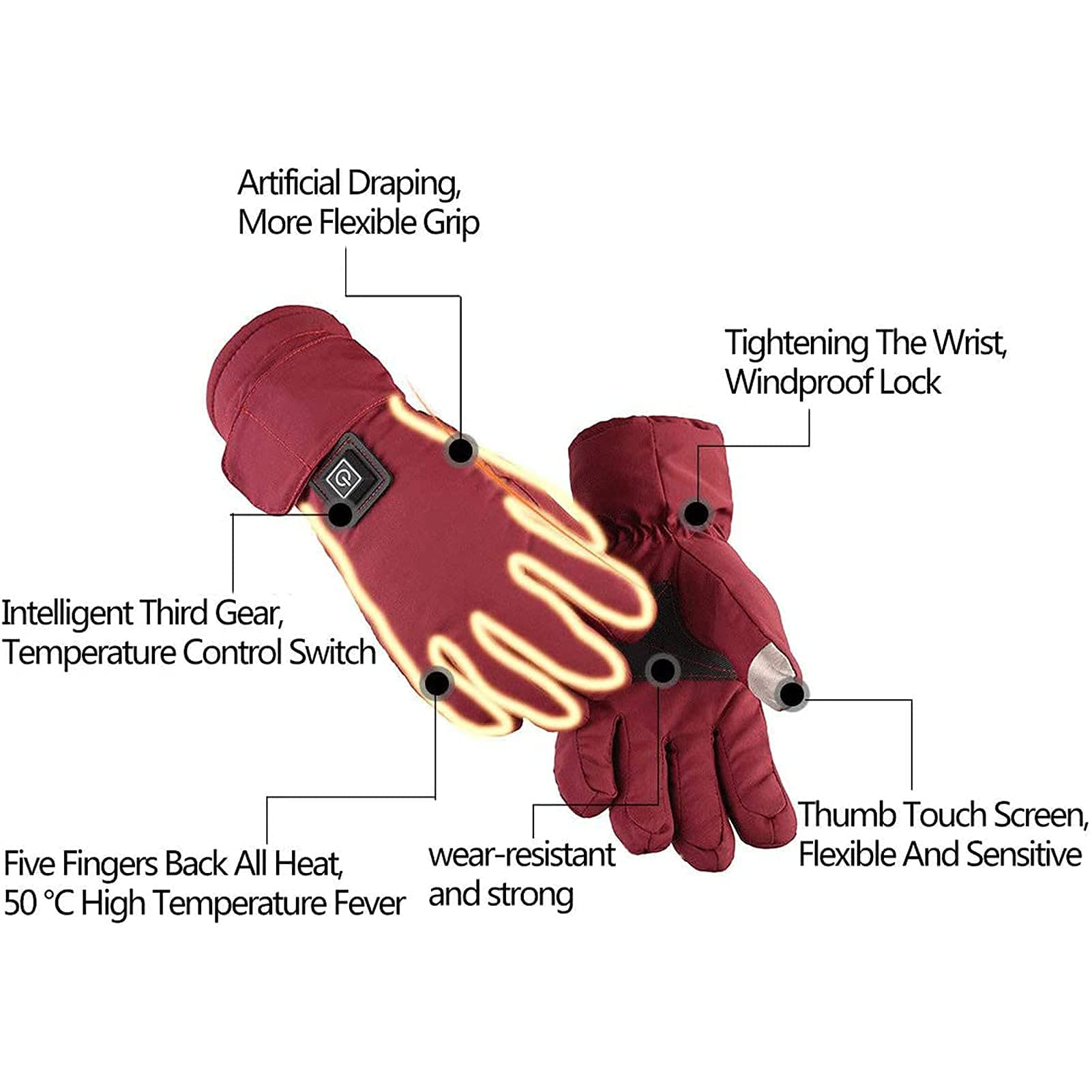 Gants Chauffants électriques OBEST – Moto, Imperméables, écran Tactile, Batterie 3000 MAh, 3 Niveaux De Chaleur (45-55°C), Recharge USB-C
