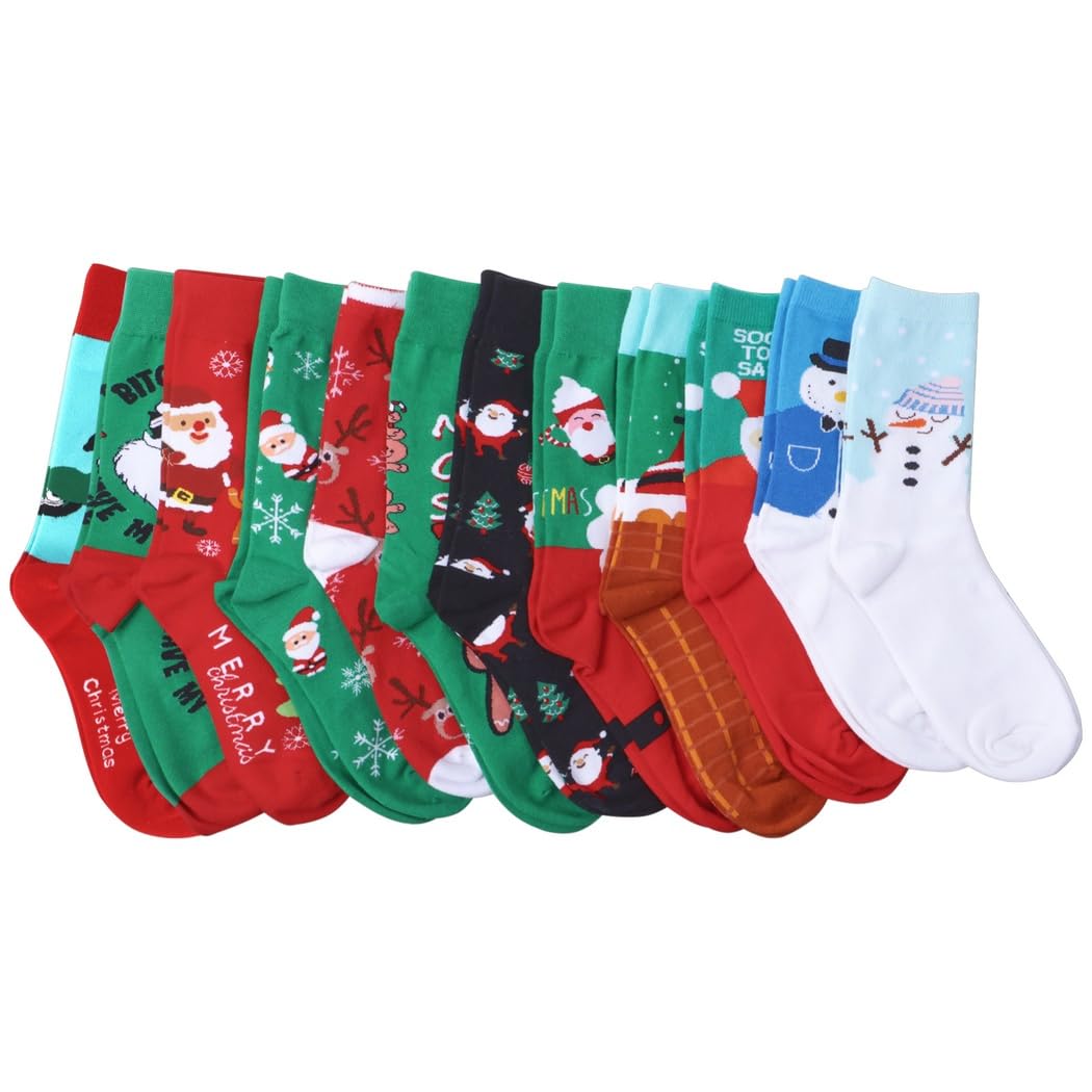 Lot de 12 paires de chaussettes festives de Noël pour femme, Père Noël, bonhomme de neige et rennes
