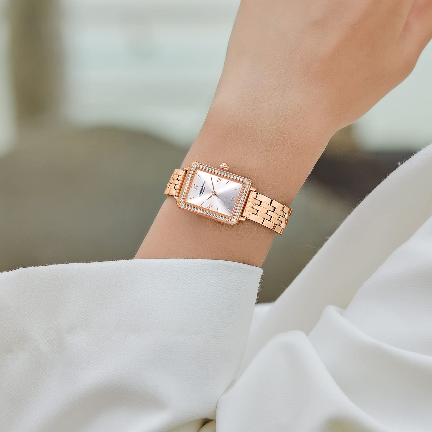 VICTORIA HYDE Reloj de pulsera rectangular para mujer, esfera verde, analógico, de cuarzo, con correa de acero inoxidable