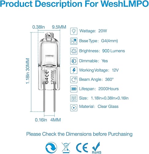 Miniatura 4 de Bombilla G4, bombillas halógenas de 12 V 20 W, 2 pines, bombillas G4 de repuesto para luz de disco debajo del gabinete, candelabros, luces de