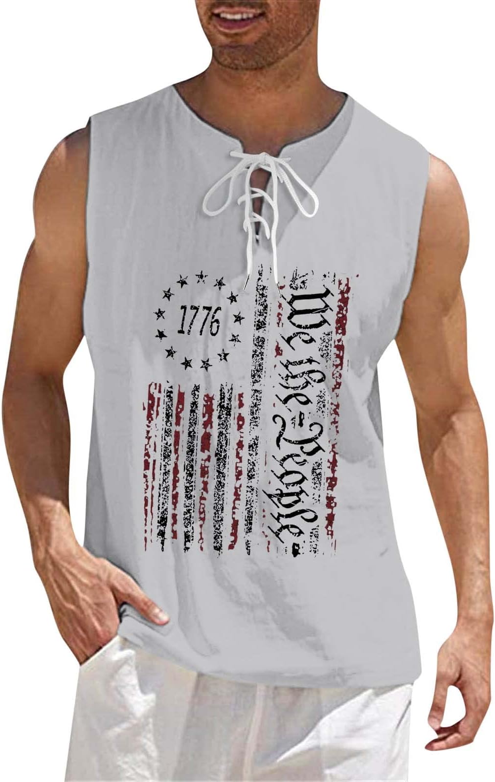 Yowablo Men's Summer Independence Day Flag Digital Print 3D Print Linen Fabric with Sleeveless Top T-Shirt Vest Tops Sexy Red for Men Dressed