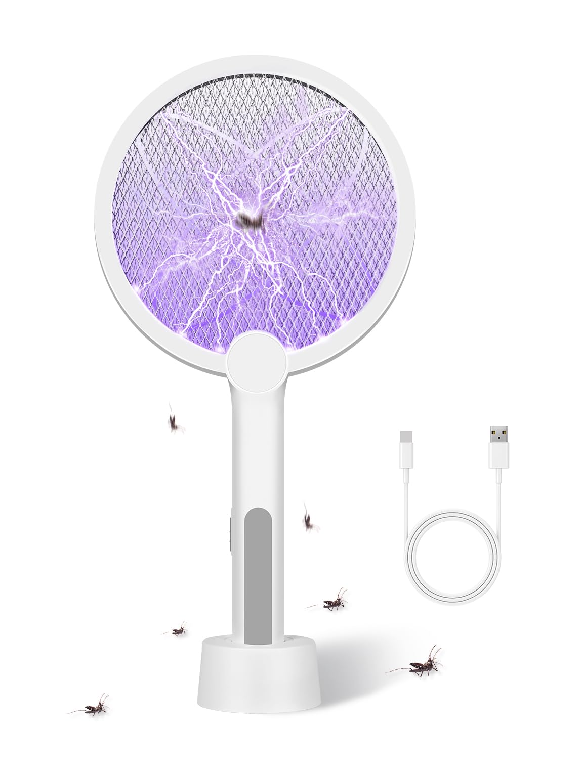 Bavmosek 4000V Elektrische Fliegenklatsche mit Ladestation, 2 in 1 USB mit Akku Aufladbar Elektro Mückenklatsche mit UV Lichtfalle Moskito Schwarz