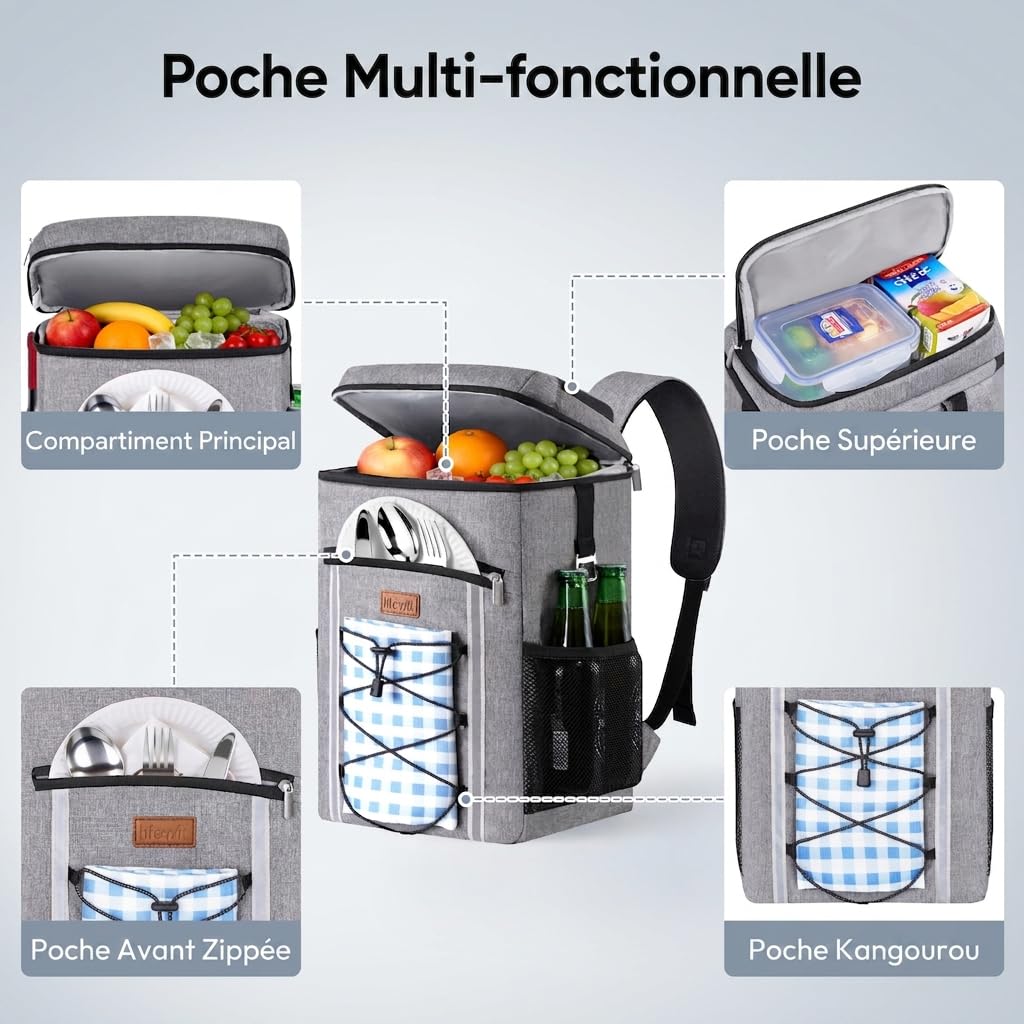 Lifewit Sac a Dos Isotherme 28L, Sac à Dos Glaciere Portable avec Doublure Imperméable, Glaciere Souple Isotherme pour Voyages, Camping, Randonnée, Pique-Niques, Plage, Gris