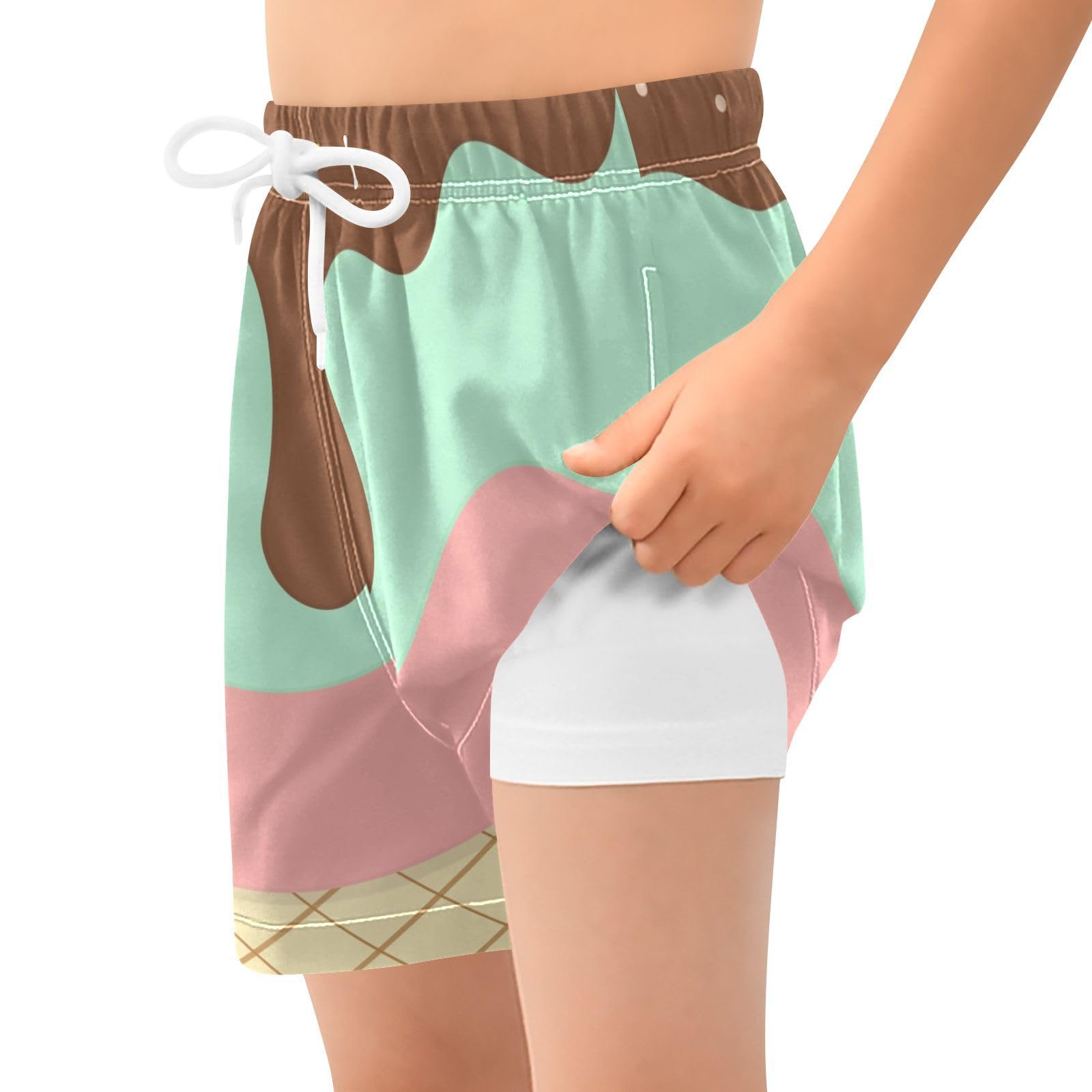JHKKU Boys Ice Cream Cone Texture Swim Trunks with Compression Liner Quick Dry Swim Shorts Bathing Suit with Boxer Brief Swimwear 9-11 Years