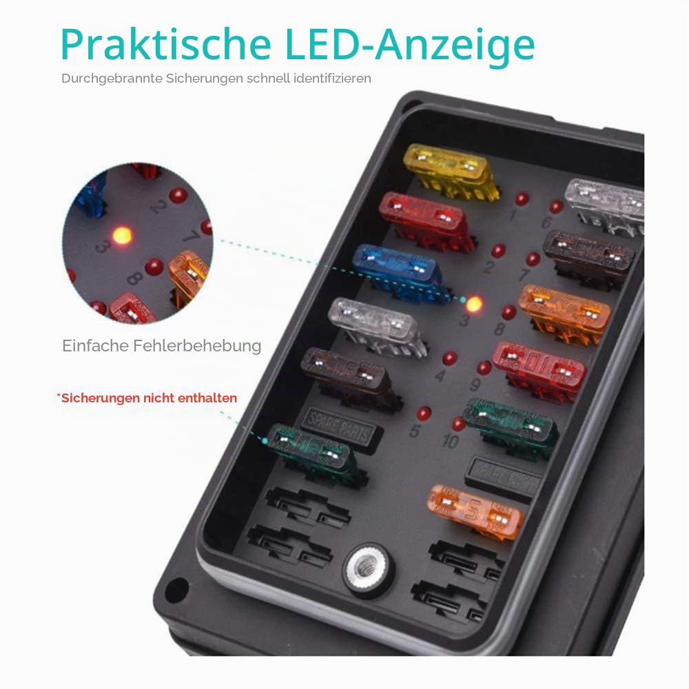 12V Sicherungshalter Wasserdicht,10 Fach Sicherungskasten mit Led Anzeige und Abdeckung für Auto Schiff