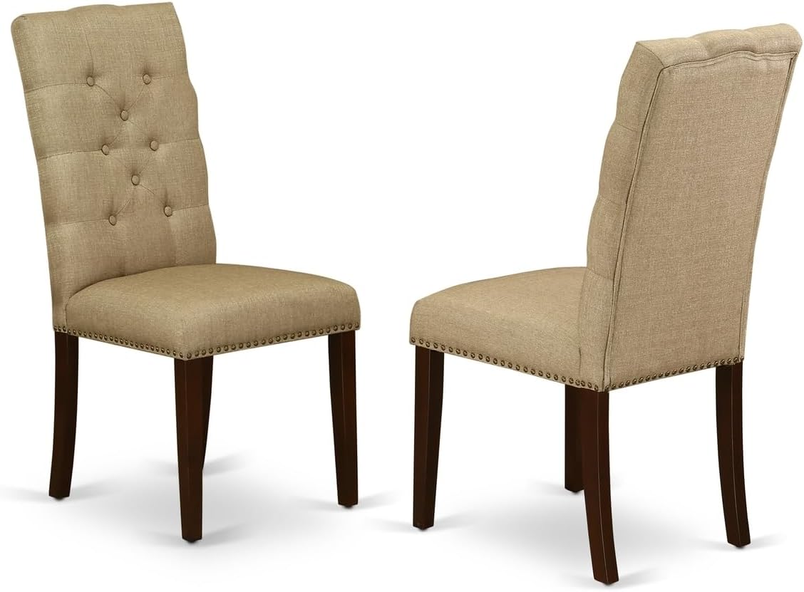 HomeStock Zen Zone 5-Piece Square Dining Table Set - 4 Dark Khaki Linen Fabric Chairs and A Rectangle Table Hardwood Frame - High Back & Mahogany Finish - 36 x 36 x 30 inches