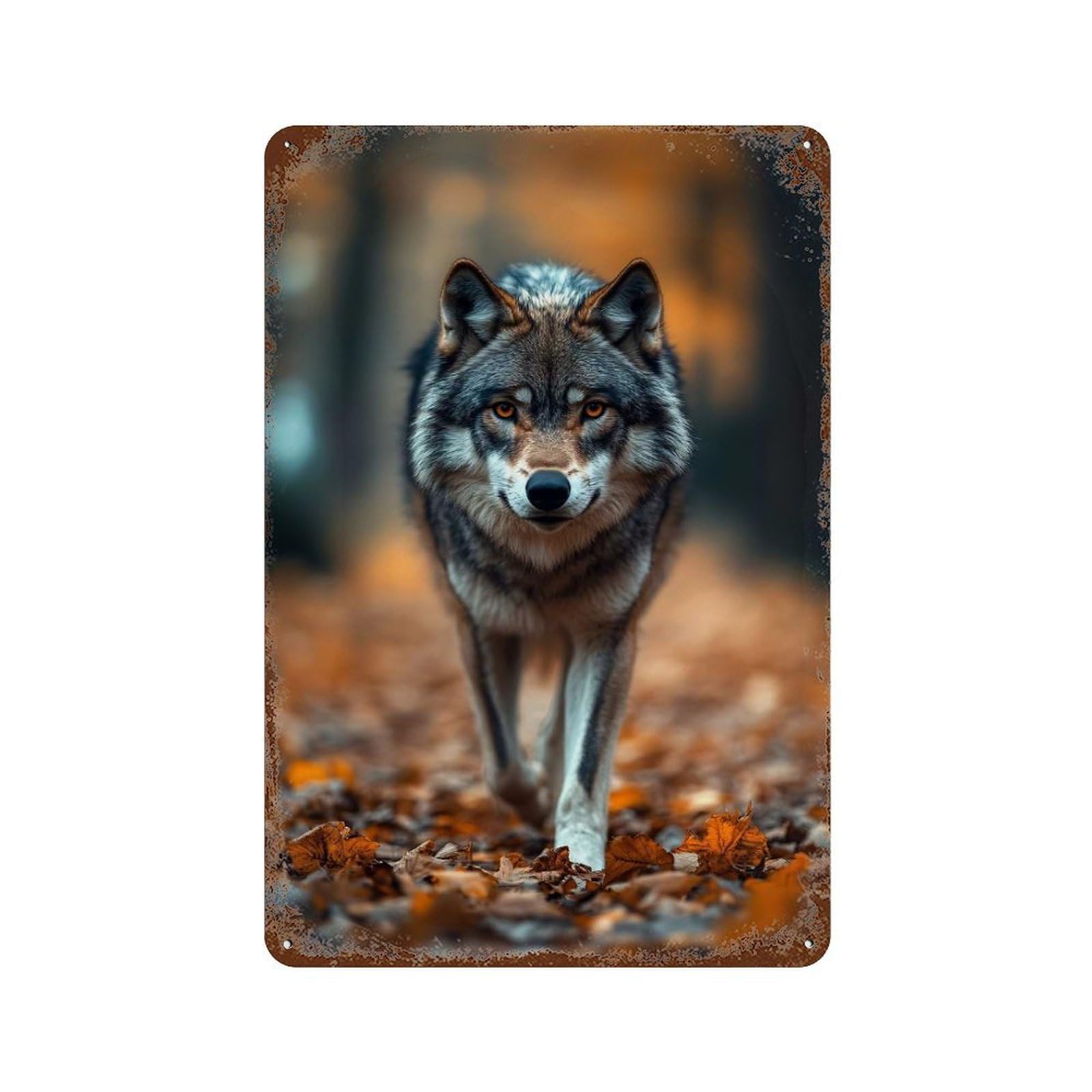 Rust Effect Wolf Portrait in Autumn Forest Rustic Tin Plaque 11.8"x7.9", Classic Wall Plaque for Shed, Workshop And Garage Wall Decor