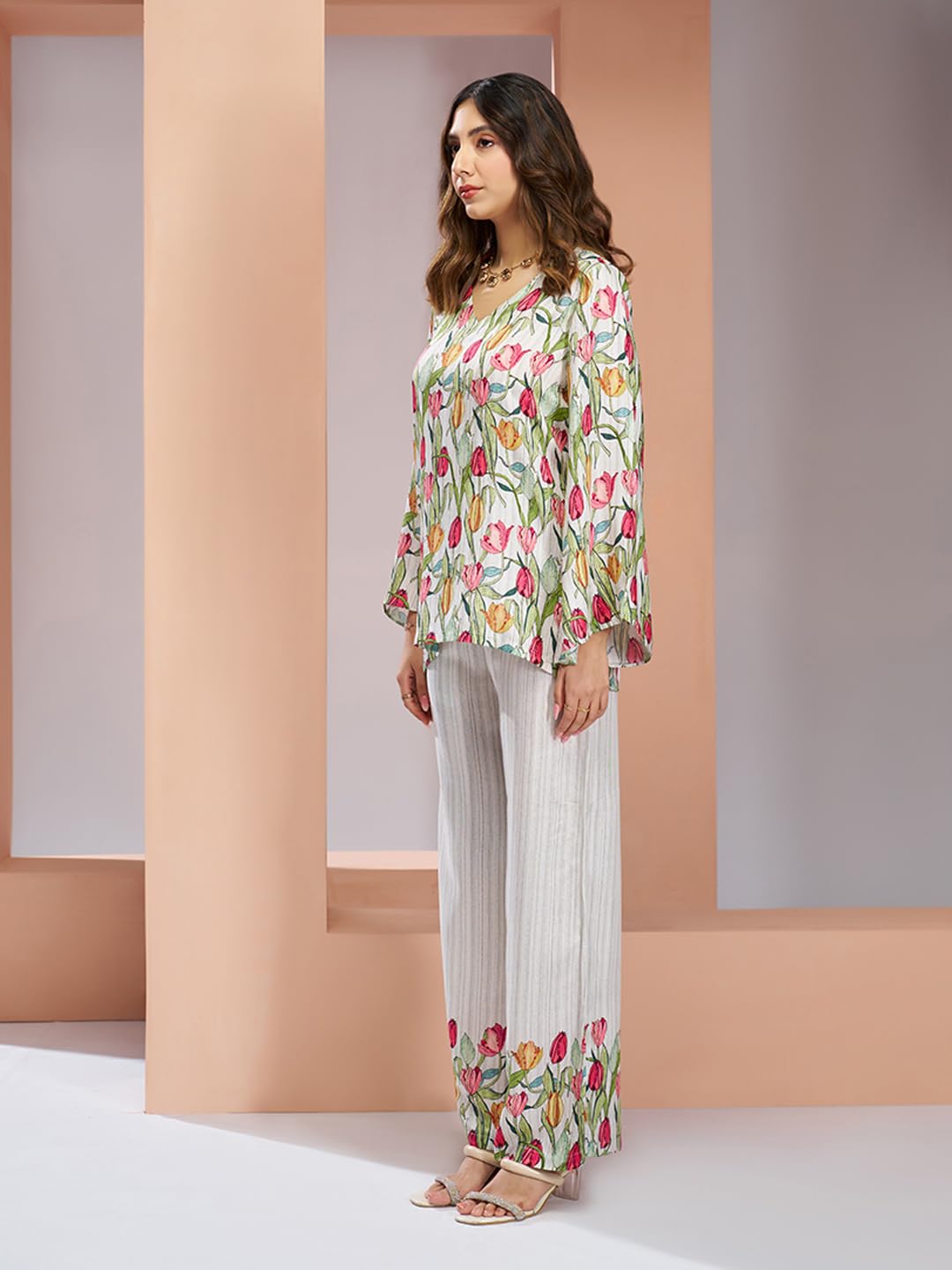 FUSIONIC Elegant White Floral Printed Co-ord Set with Stylish Tulip Motif 1