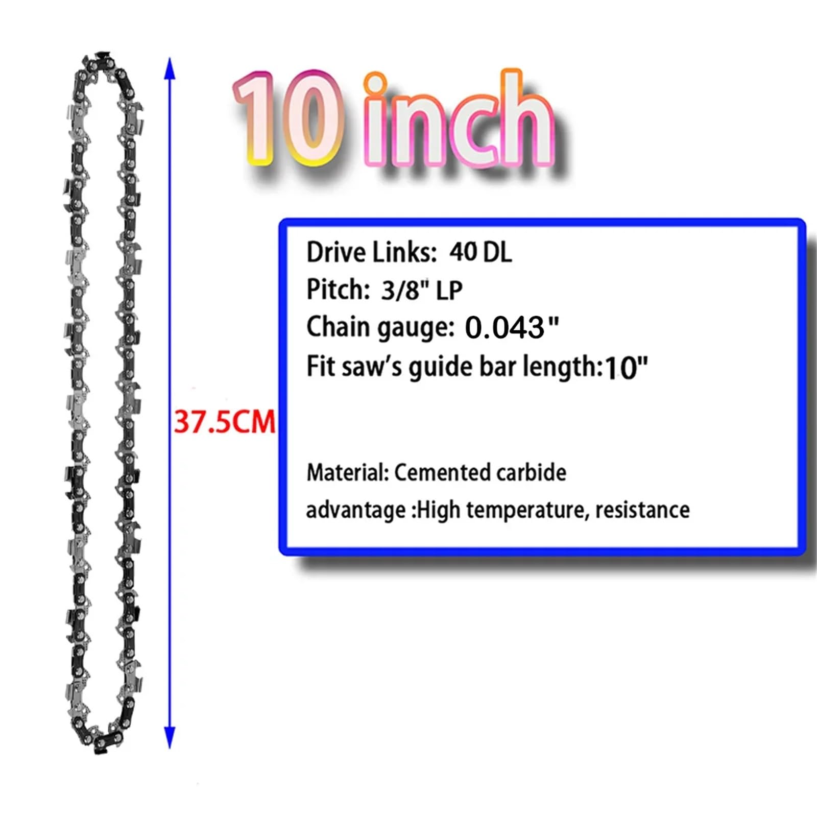 Wivplex Cadena de motosierra Metal 10 pulgadas, 40 eslabones transmisión, 3/8 Lp, repuesto accesorio sierra eléctrica portátil 0.043 Reemplazo de cadena de corte de motosierra.(1pcs-10inch 40 Dl)