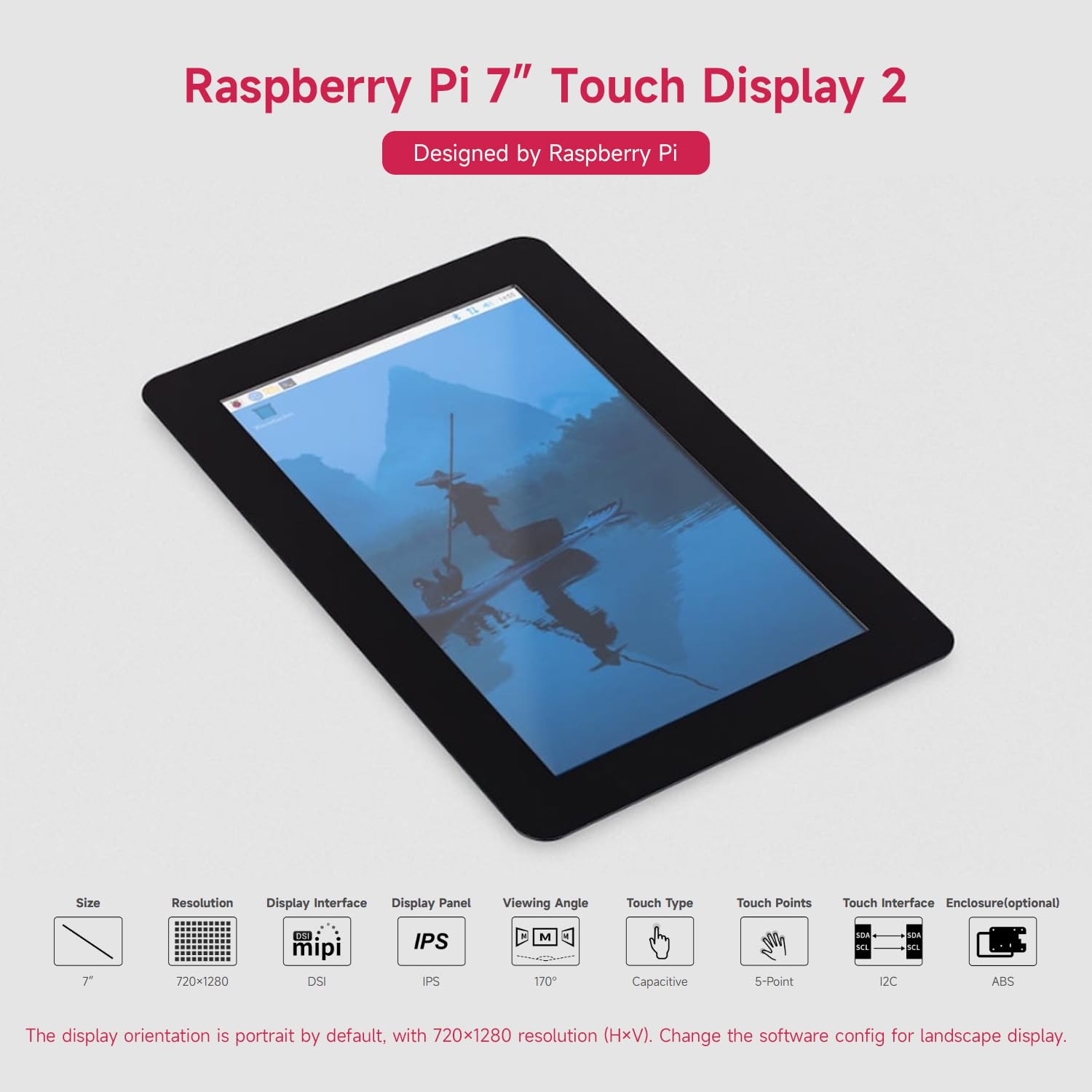Waveshare Official Pi 7inch Raspberry Pi Touch Display 2 With White Case, 720 x 1280, IPS, DSI Interface, 5-Point Touch