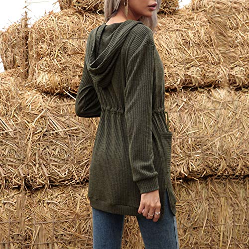 Adaskala Casaco feminino com capuz frouxo aberto na frente com cordão de cintura alta manga comprida