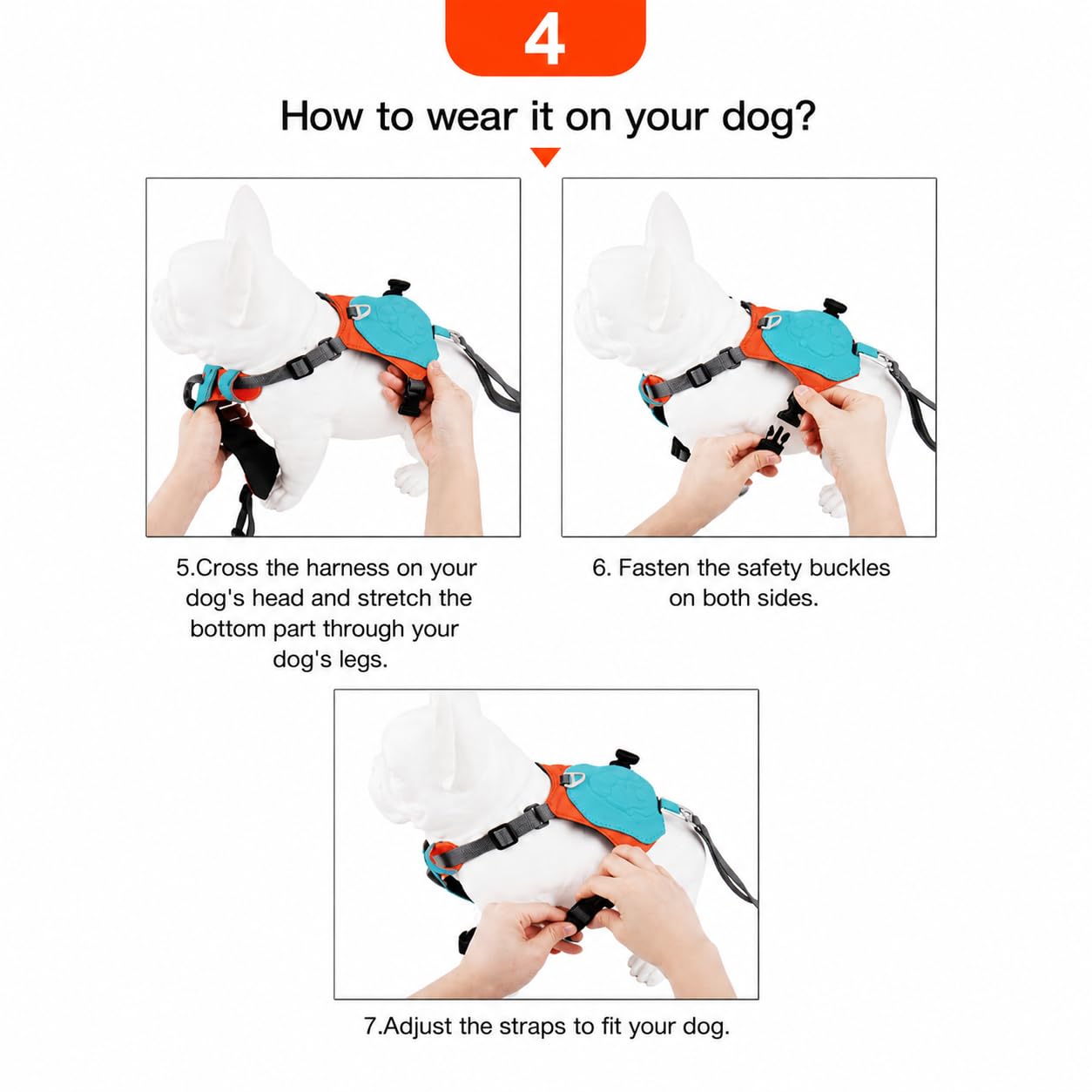 Verstellbares Geschirr mit einziehbarer Leine, weich gepolstertes Hundegeschirr, sichere Schnallen, bequeme Passform für tägliche Spaziergänge, Blau und Orange, Größe S