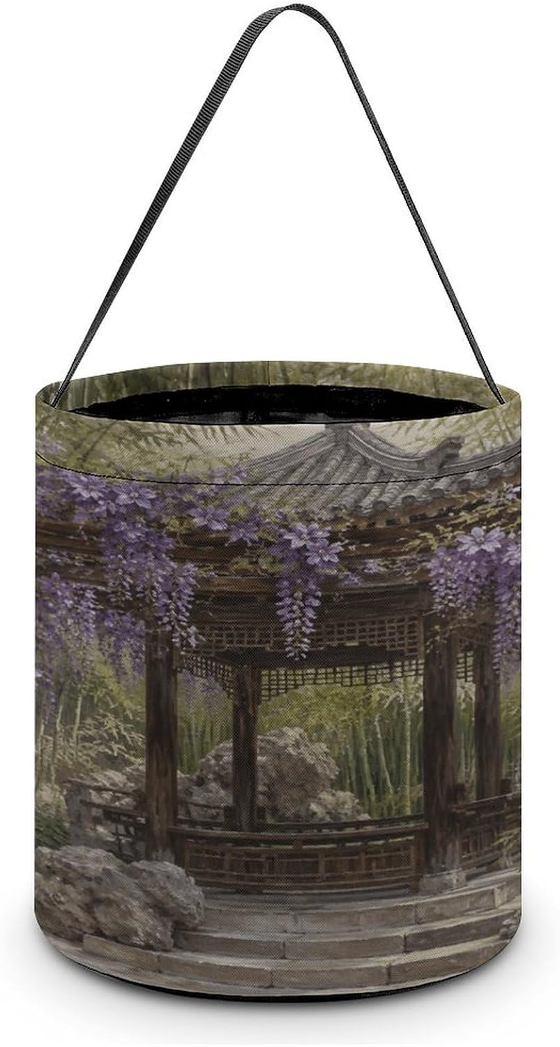 Pavilion Flowers Halloween Trick Or Treat Bucket Candy Tote Hand‑held Pouch for Cosplay Theme Party Gift Storage