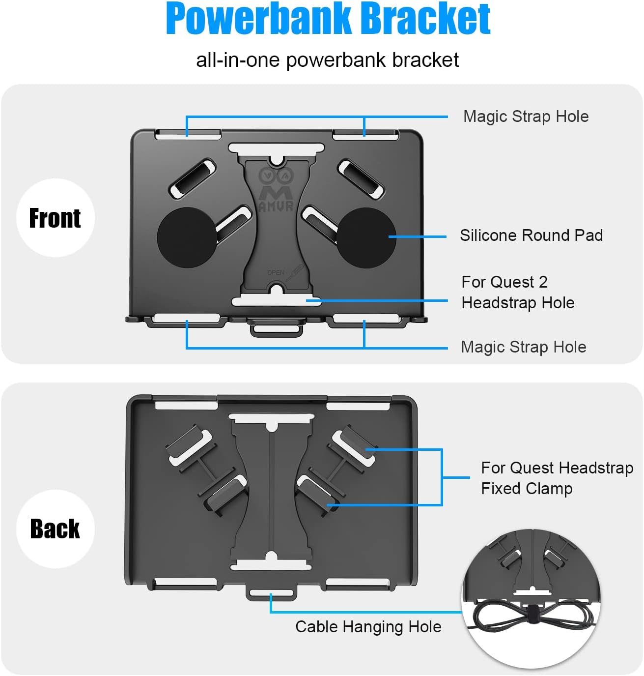 AMVR Powerbank Fixing Bracket, Battery Holder for Oculus Quest or Vive Deluxe Audio Strap, Fixed on The VR Headset Strap or on The Waist, Compatibly Multiple Sizes Mobile Power (Without USB Cable)