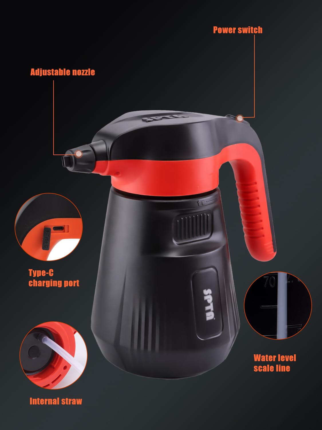 SPTA Electric Pressurized Soap Sprayer - 2.25L/76 oz Cordless Car Foam Sprayer with 500ML Car Wash Shampoo for Detailing