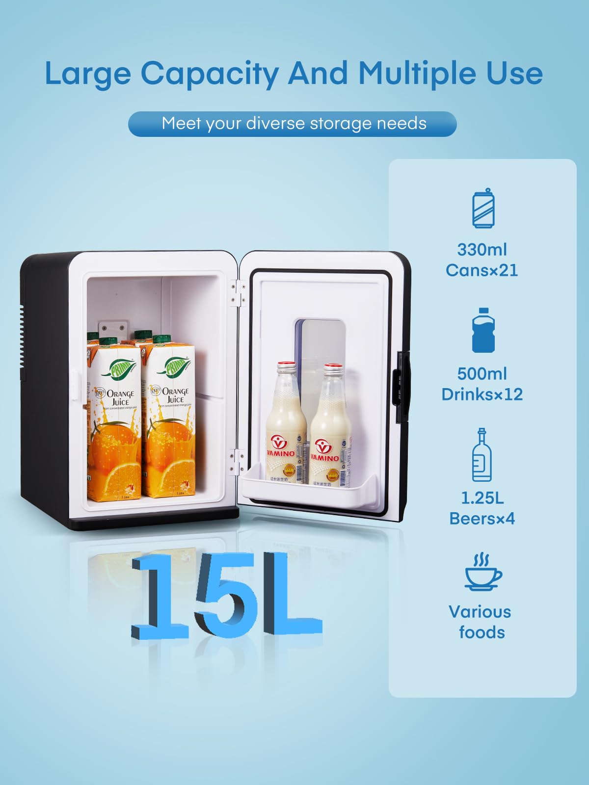 NORTHCLAN Mini Frigo da Camera 15L/21 lattine, Frigorifero Elettrico con Modalità Silenziosa ECO per Camera da Letto/Auto, Funzione Caldo/Freddo, Raffreddatore di Bellezza Portatile 12V/220V