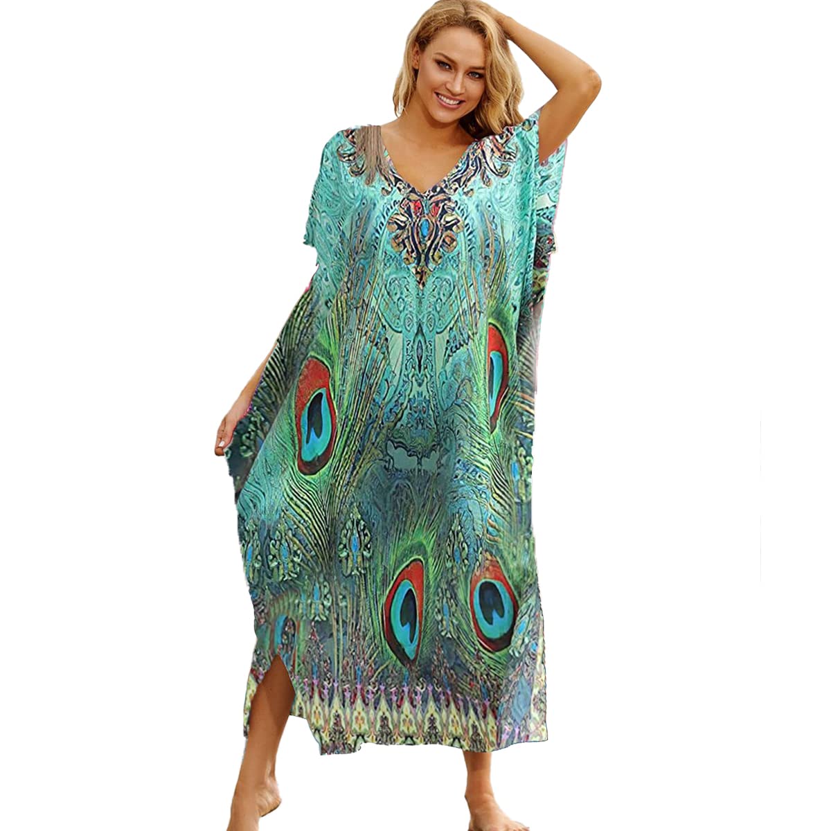 SnyemioKaftan Vestido Largo de Playa Mujer Maxi Pareo Floral Verano Túnica Boho Talla Grande Kimono