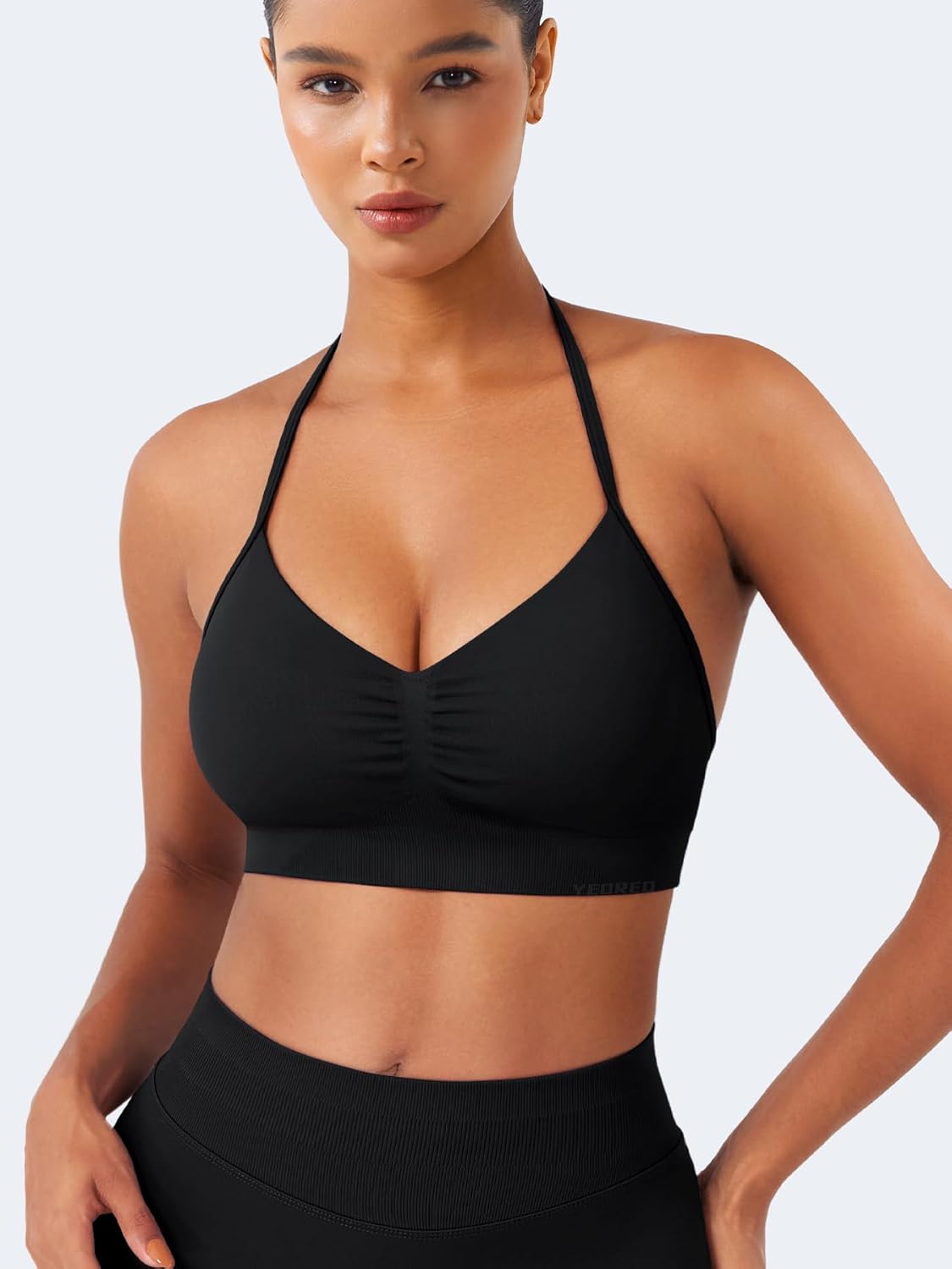 YEOREO SoftHue Women Halter Sports Bra Impact Longline Strappy Bra V Neck Padded Open Back Workout Gym Crop Top - Image 3