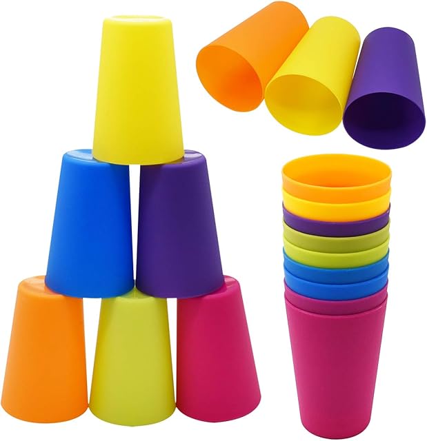 Color Plastic Drinking Cups,Saijer 18pcs Reusable Stacking Plastic Cup Children Cup Water Cup Drink Kits for Parties Weddings Camping Beaches and Picnics(6 Colors)
