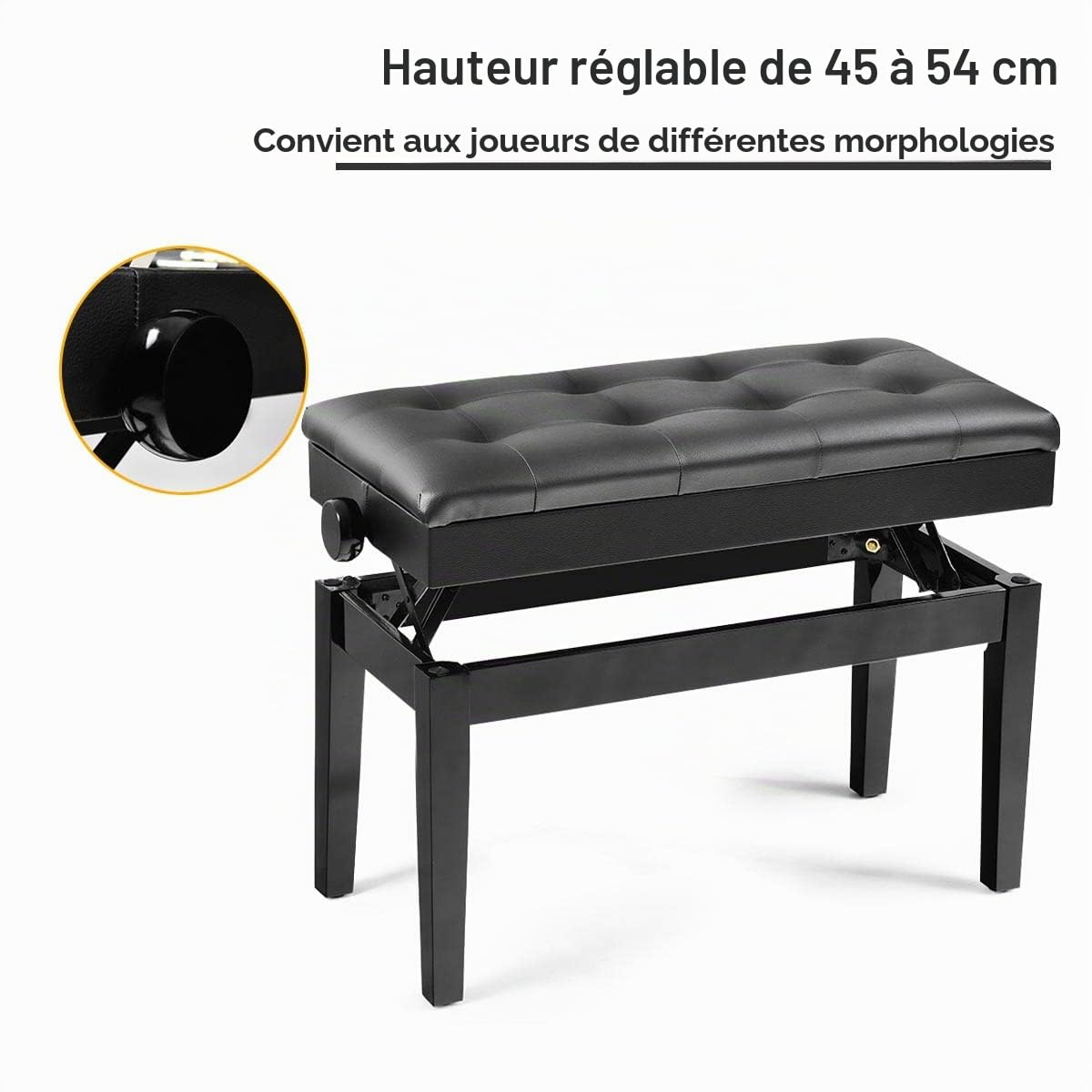 LIFEZEAL Tabouret de Piano Réglable en Hauteur 75 x 35 x 45-54 CM, Banc de Piano avec Boîte de Rangement, Siège de Piano en Cuir PU Cardre en Bois Massif et en Fer, Noir