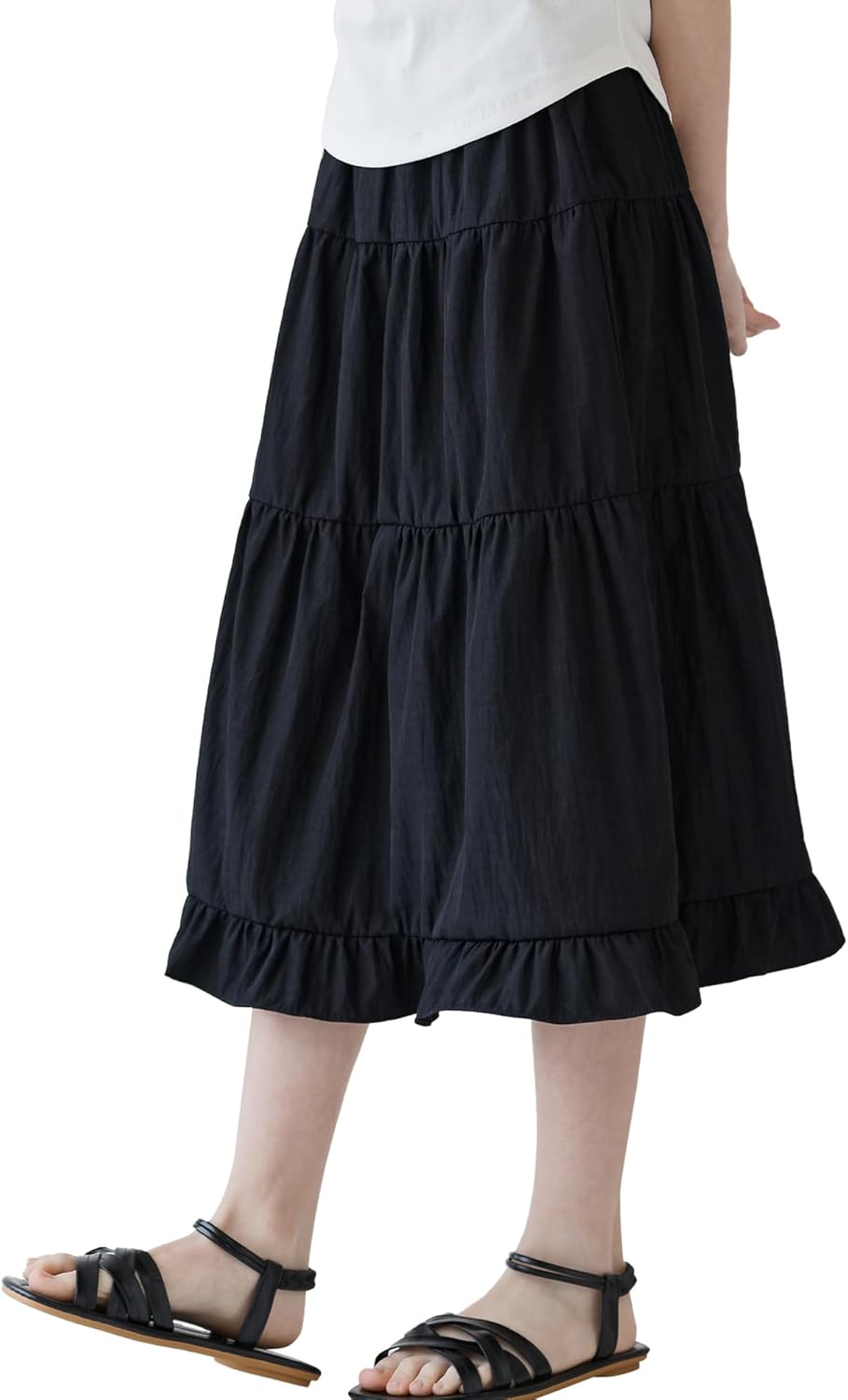 Happy Cherry Girl's Tiered Midi Skirt Stretch Waist Big Swing a line Skirt Kids Summer Skirts for Teen Girls 7-16Years