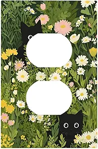 Decorative Outlet Covers Funny Cute Black Cat Colorful Flower Green Plant 1 Gang Duplex Light Switch Cover Plate Wall Plates for Electrical Outlets Switchplate Faceplate for Home Decor
