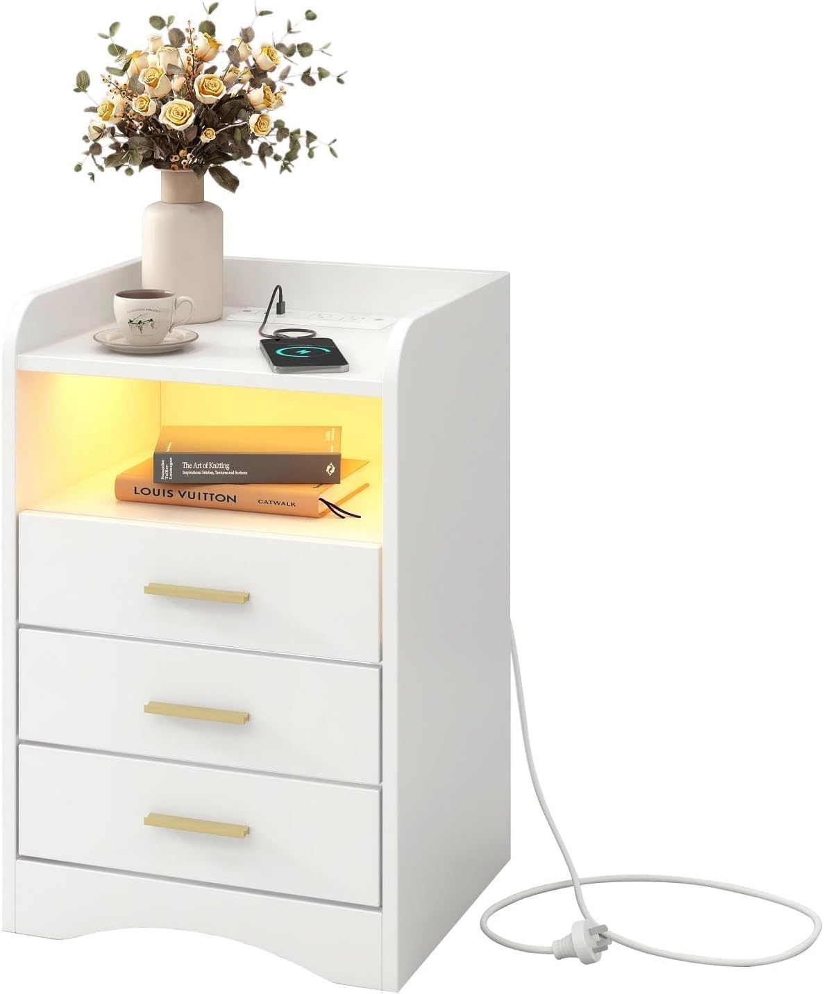 White Night Stand with Charging Station, Side Tables with USB Ports & Outlets, End Table with 3 Drawers,LED Night Stand with Storage for Living Room/Bedroom 1pcs