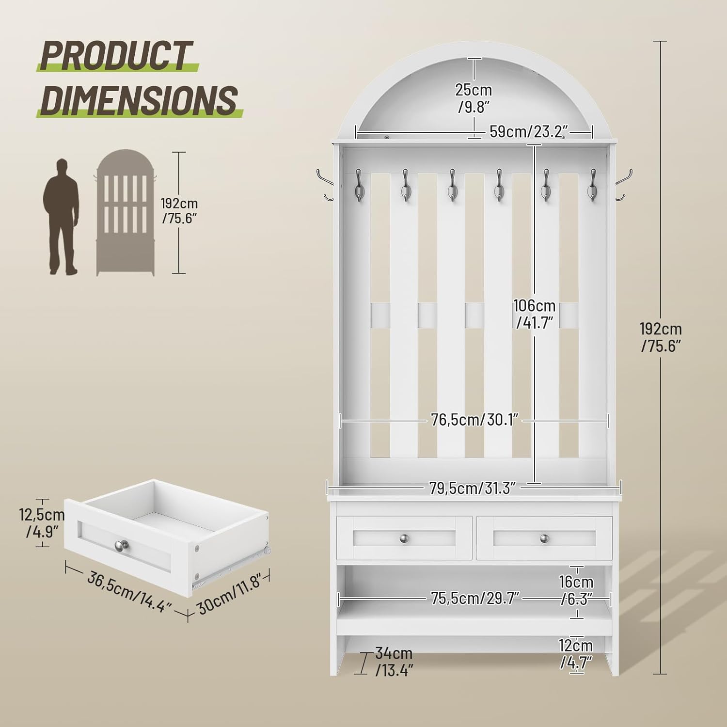 Hall Tree with Bench, Coat and Shoe Rack Entryway, Arched Entryway Organizer with 8 Hooks, Coat Rack with Shoe Bench and 2 Drawers for Hallway, Mudroom, Entryway, White