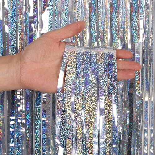 Image of CYLMFC Foil Fringe Curtains - 2 Packs 3ftx8ft Sparkle Metallic Curtains Party Decorations Photo Booth Decorations Party Supplier - Sliver