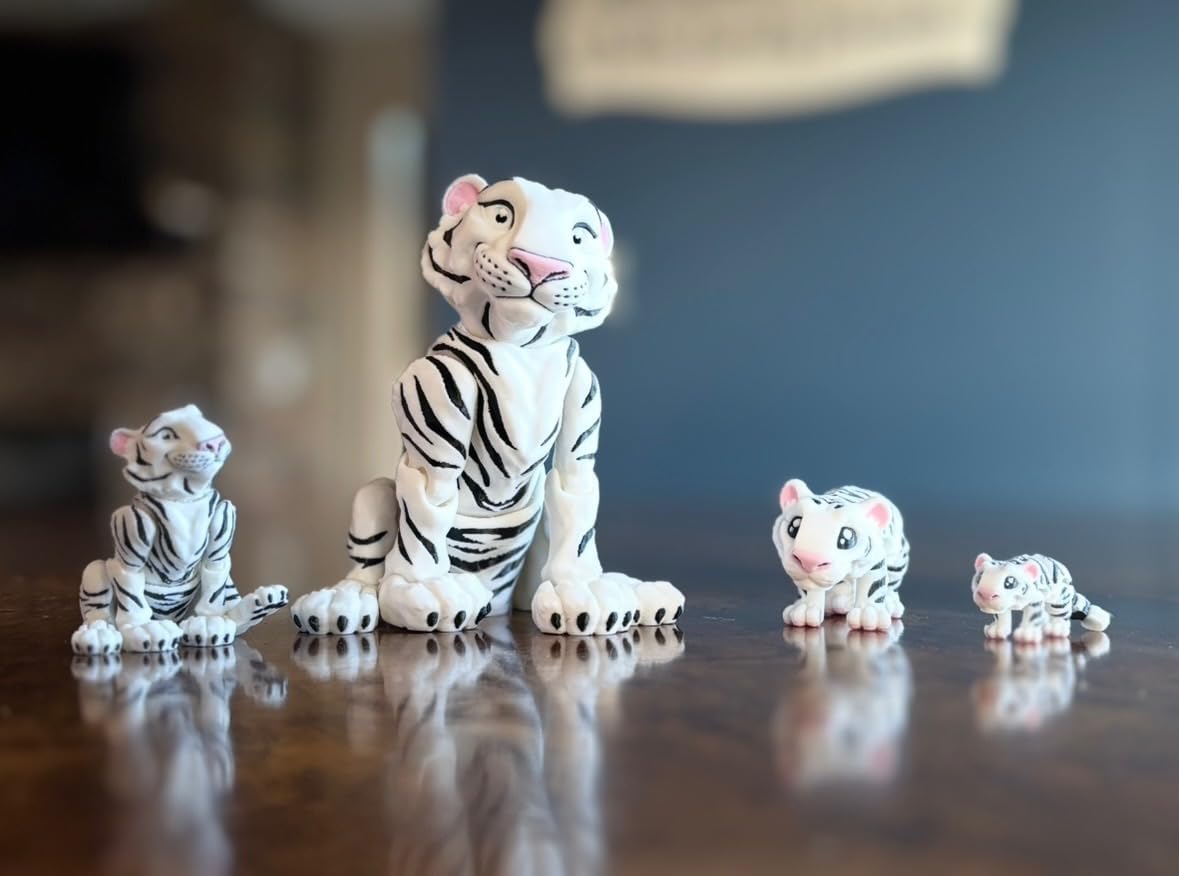 Articulated Smiling Tiger 3D Fidget Toy, Mini, Little, Medium, and Large Sizes, Poseible Desk Toy Making it a Flexible Statue for Your Desk or Office (White Tiger, Medium 5 Inch)
