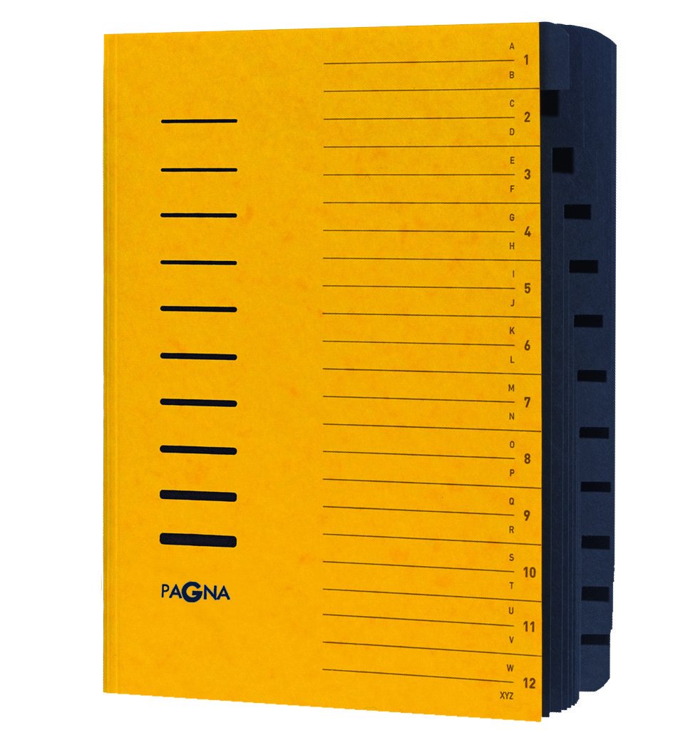 Pagna 24122-05 File 12 Sections Pressboard Elastic Straps Black Index 1-12/A-Z on Cover Yellow