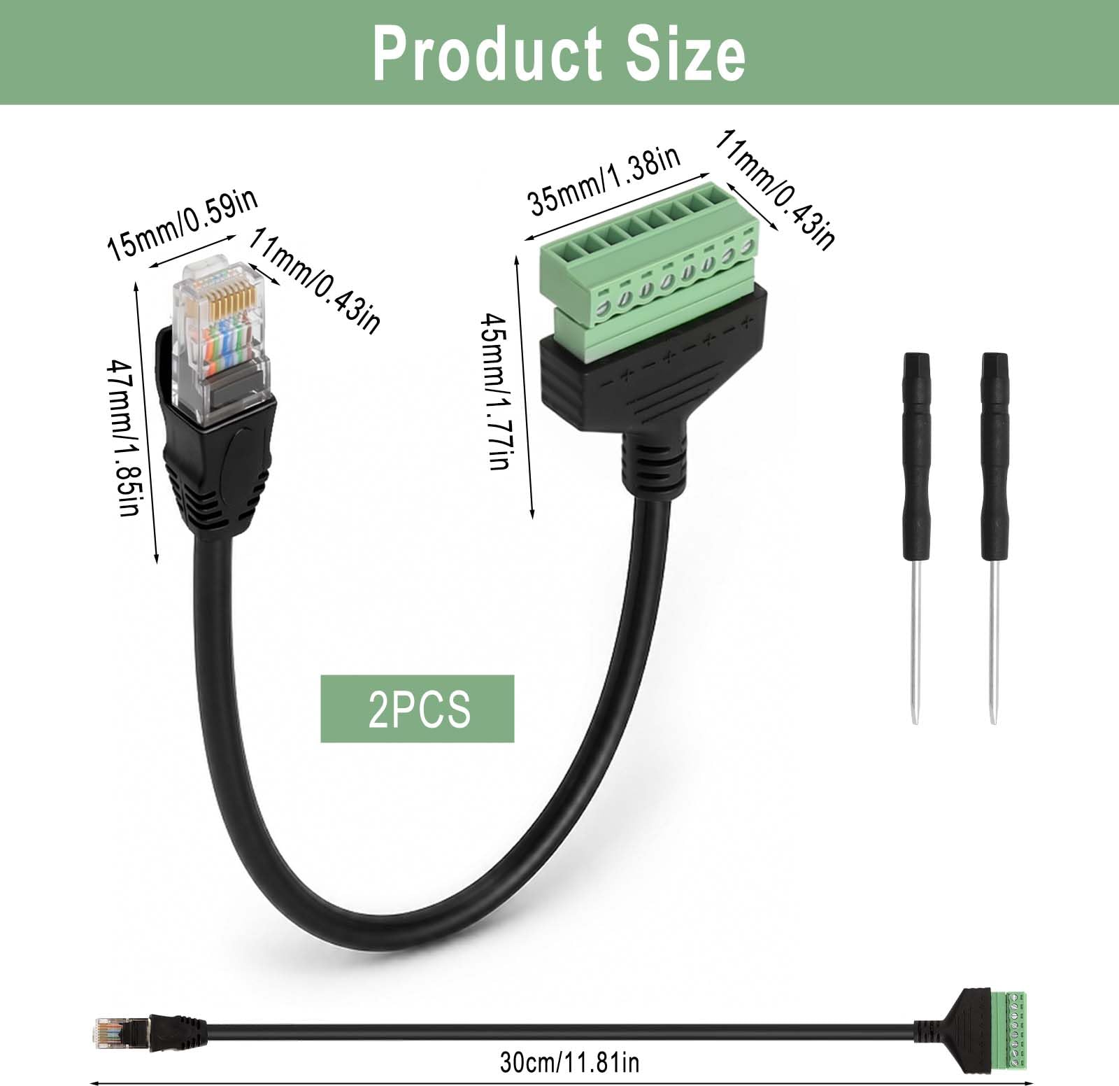 2 sztuki złącza RJ45 na 8-pinowy blok zacisków śrubowych - adapter do łączenia kabli LAN, złącze LAN, złącze Ethernet 8-pinowe, RJ45 8 pin 30 cm z wkrętakiem do przedłużacza Ethernet Cat5 Cat6 Cat7