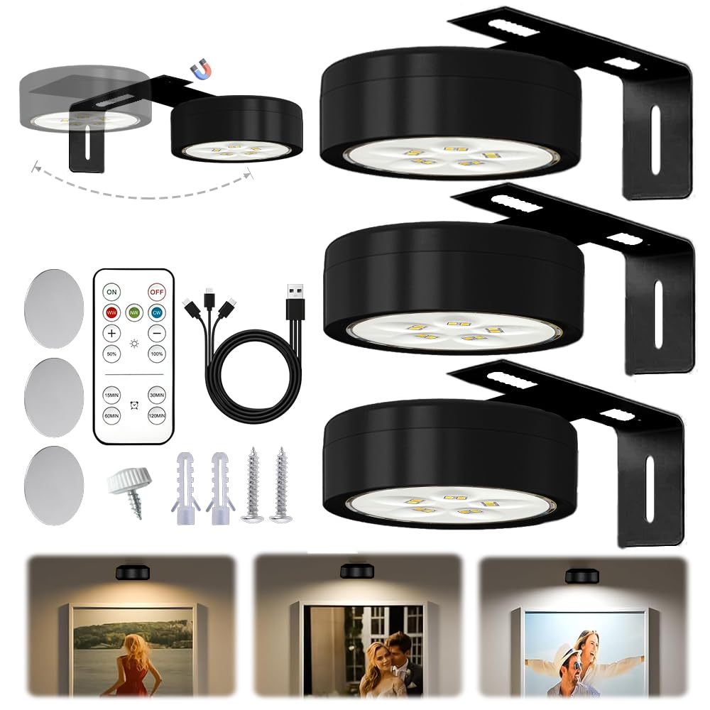 Bildbeleuchtung Kabellos mit Fernbedienung Drehbar,3 Stück Magnetisches LED Bilderleuchte Dimmbar & Wiederaufladbar,Bild Licht 3 Lichtfarben,Bilderrahmen Licht, Bilderlampe für Wand, Regal, Bilder