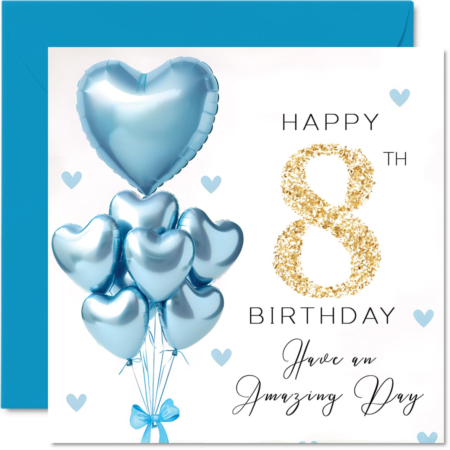 8th Birthday Cards for Boys, Blue Glitter Balloons