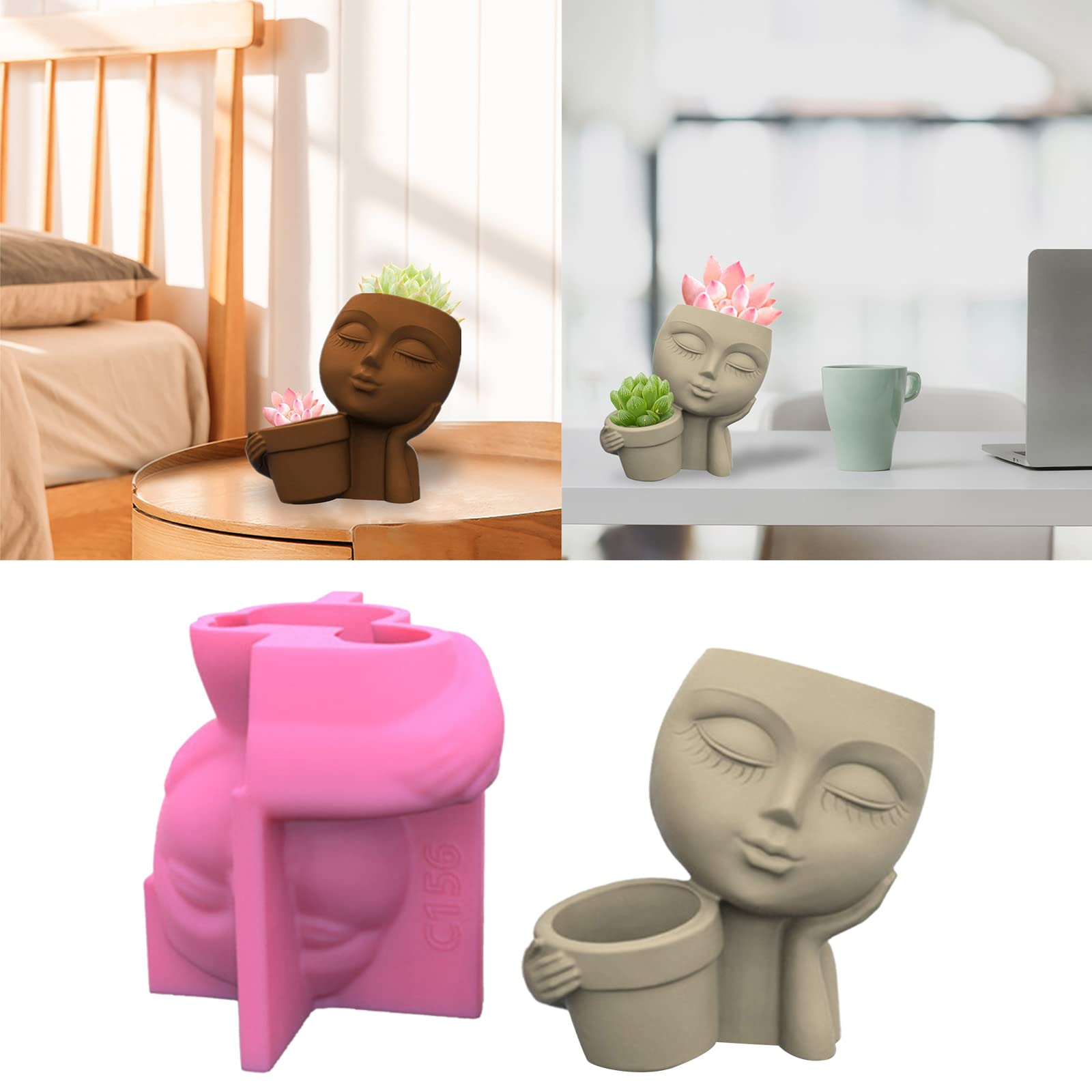 Nawwgy for Creative Human Face for Silicone Mold Succulent Flowerpot Clay Cement Plaster Molds Home Garden Flower Pots