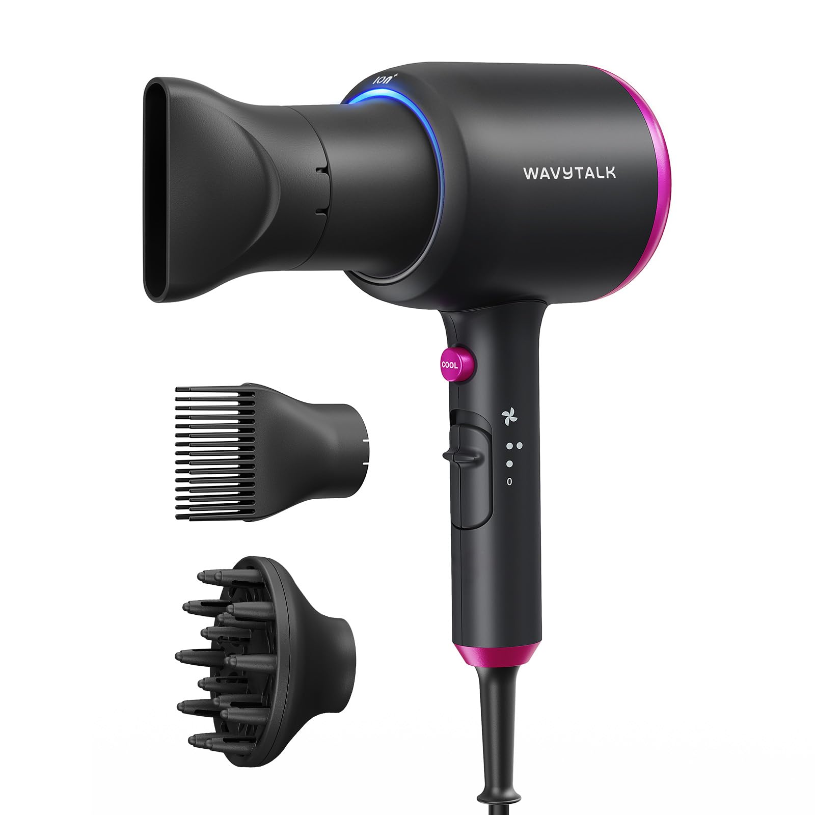 wavytalkHair Dryer with Diffuser, Blown Away Ionic Hair Dryer for Curly Hair with Comb, 1875W Fast Drying Blow Dryer with Ceramic Technology, 3 Attachments for All Hair Types, Light and Quiet, Black
