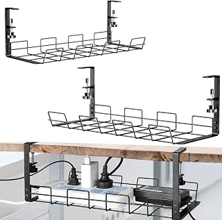 No Drill Under Desk Cable/Wire Management Tray, 2 Pack Sturdy Alloy Steel Wire Organizer Under Desk Basket for Office and Home Standing Desk