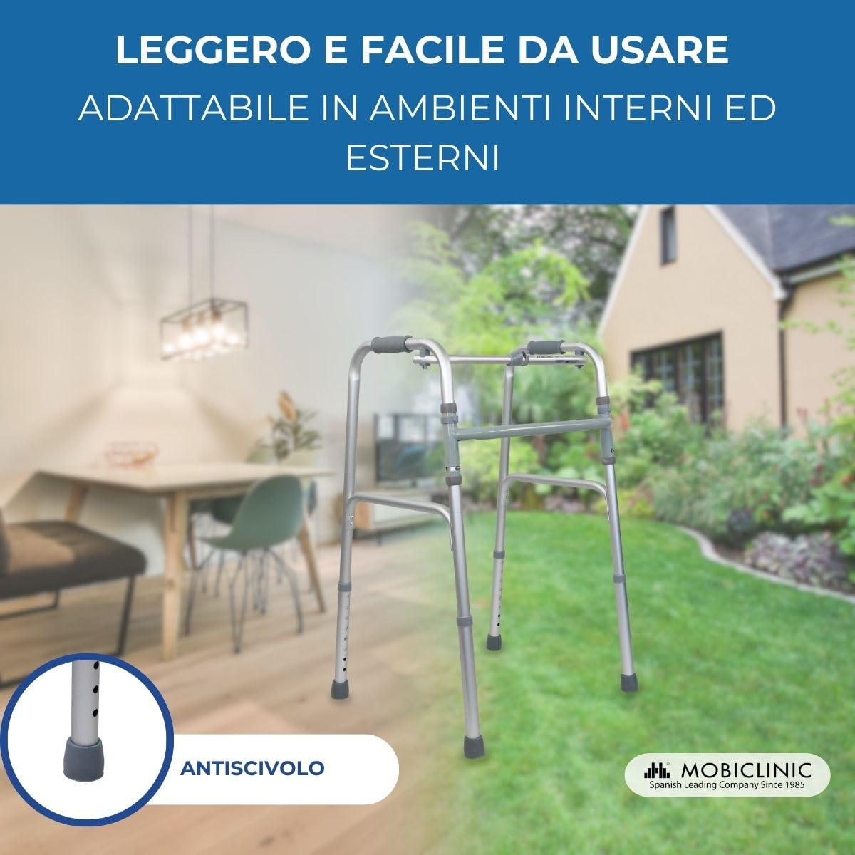 Mobiclinic®, Deambulatore per anziani, Leggero, Pieghevole, Senza ruote, Puntale antiscivolo, Carrello camminare, Fabbricato in alluminio, Modello columna, Marchio europeo, Colore grigio