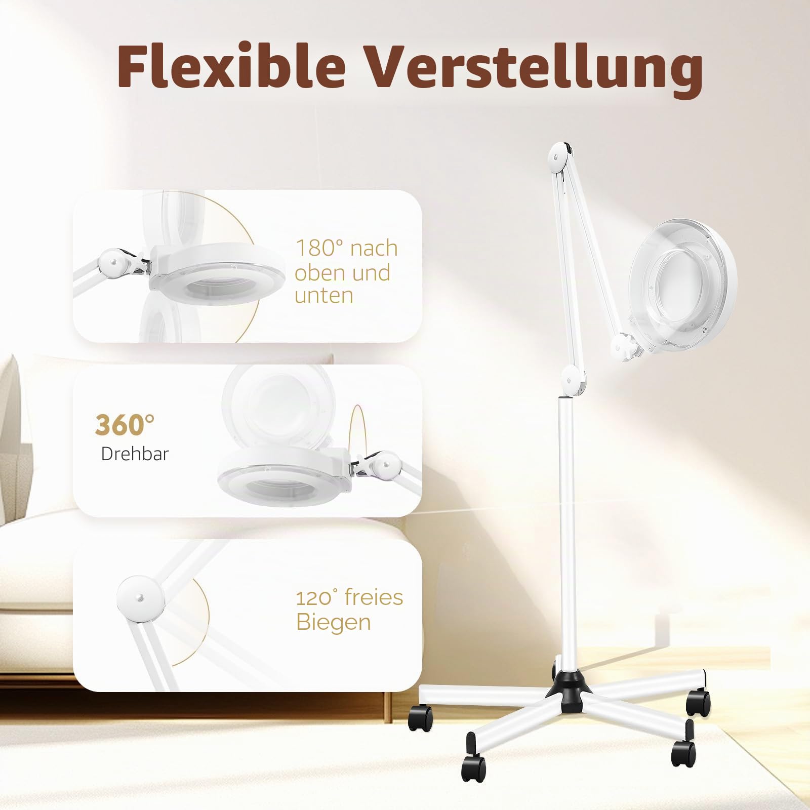 5X LED Lupenleuchte 125MM Lupenlampe mit Standfuß, 5 Dioptrien Lupe mit Licht Standlupe Arbeitsleuchte Kosmetiklampe mit Rollstativ Weiß Lampe Beauty Salon (5X)