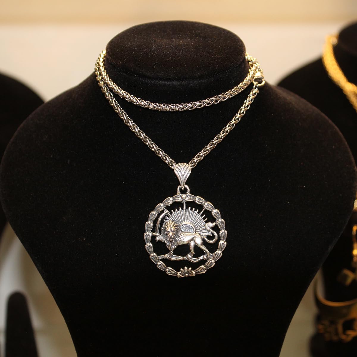 Sterling Silver Lion Sun Shir Khorshid Persian Pahlavi Necklace Chain Gift