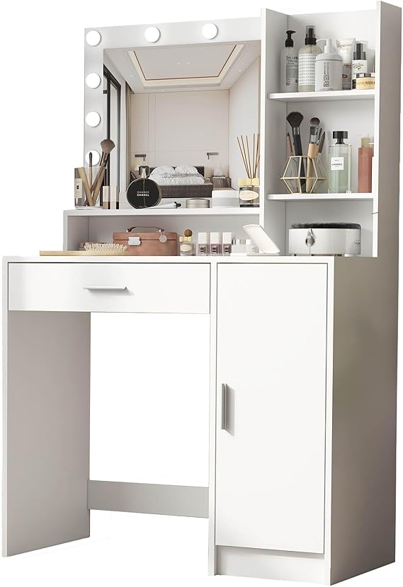 Vanity Desk with Mirror and 12 LED Lights, Modern Makeup