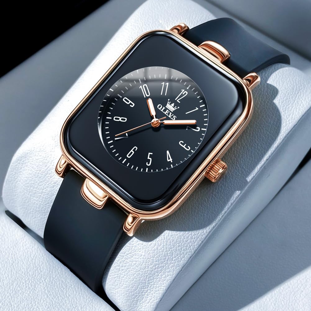OLEVS Damen Modeuhr Casual Quadratisch Minimalistische Armbanduhren Leuchtende Wasserdicht Silikon Gurt Leichte Quarzuhr für Damen
