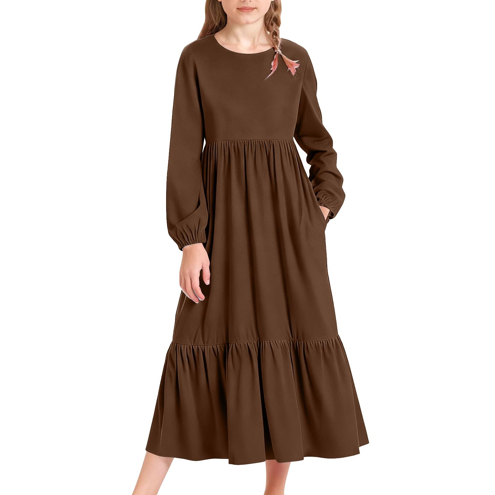 Vestido de manga larga para niñas, casual, para vacaciones, con bolsillos, cuello redondo, suave, cómodo, para playa, bohemio