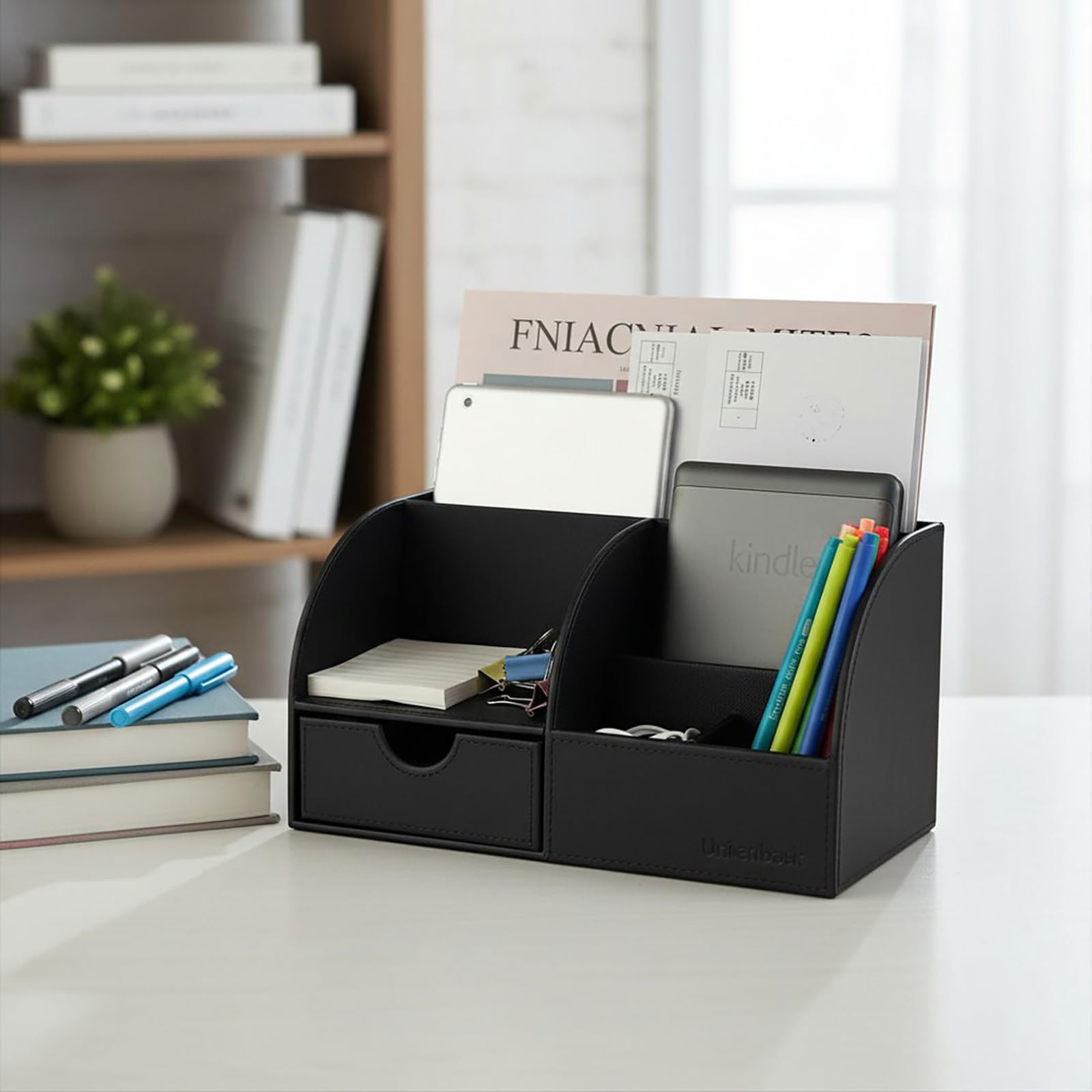 UnionBasic Organizer da scrivania, multifunzione, in pelle, portapenne, porta biglietti da visita, penne, matite, telefono cellulare, cancelleria, nero