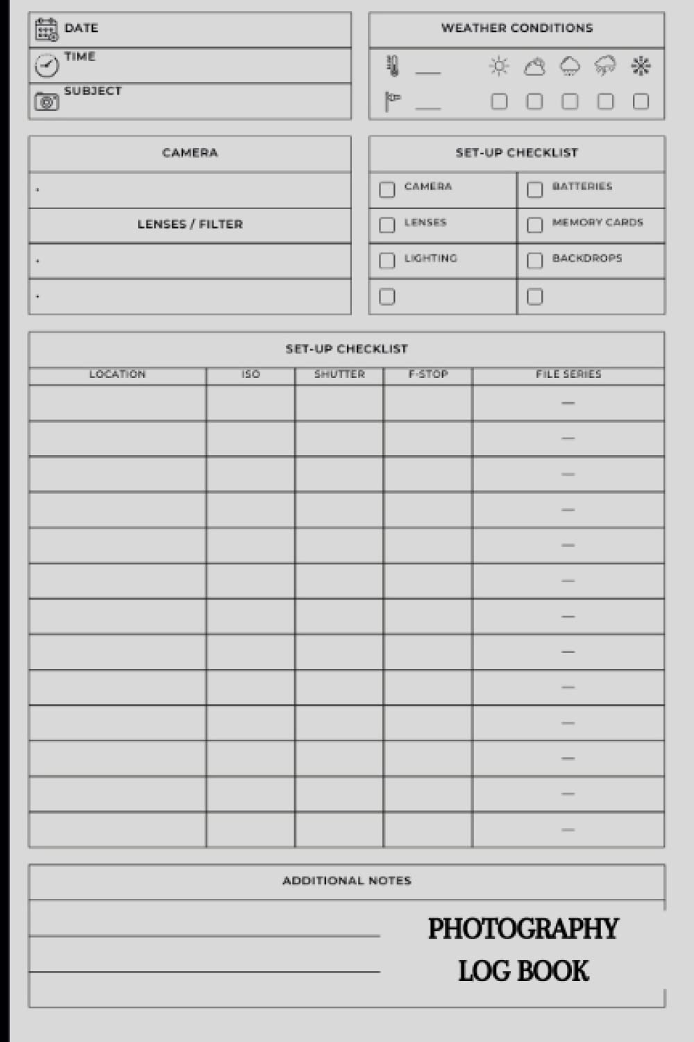 Independently published Photography Log Book: a Photographer Record Journal To Record Essential Shooting Settings, Size 6x9 in, 120 Pages
